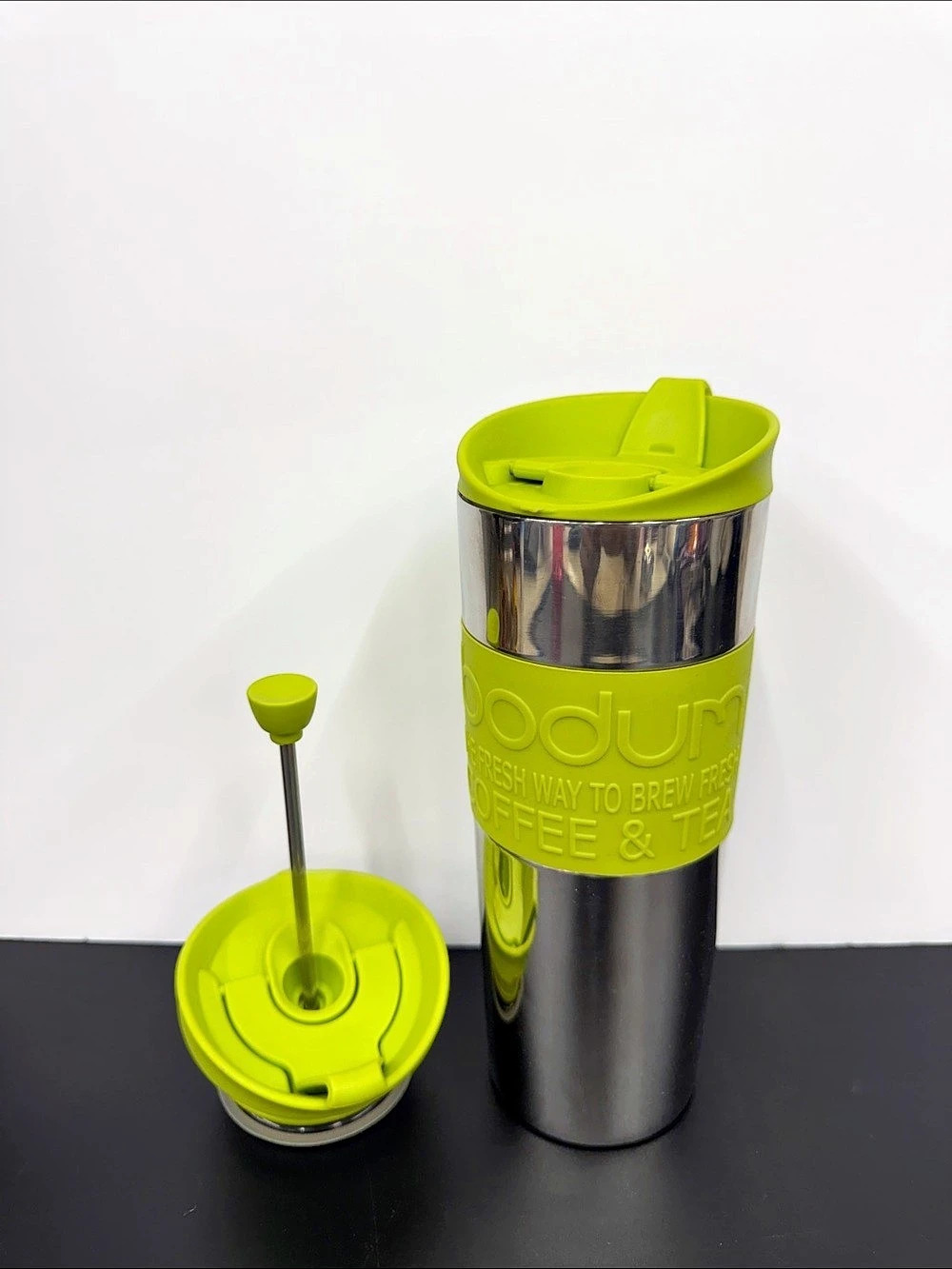 Bodum Travel Press Stainless Steel French Press Coffee Mug Lime Green 12 oz
